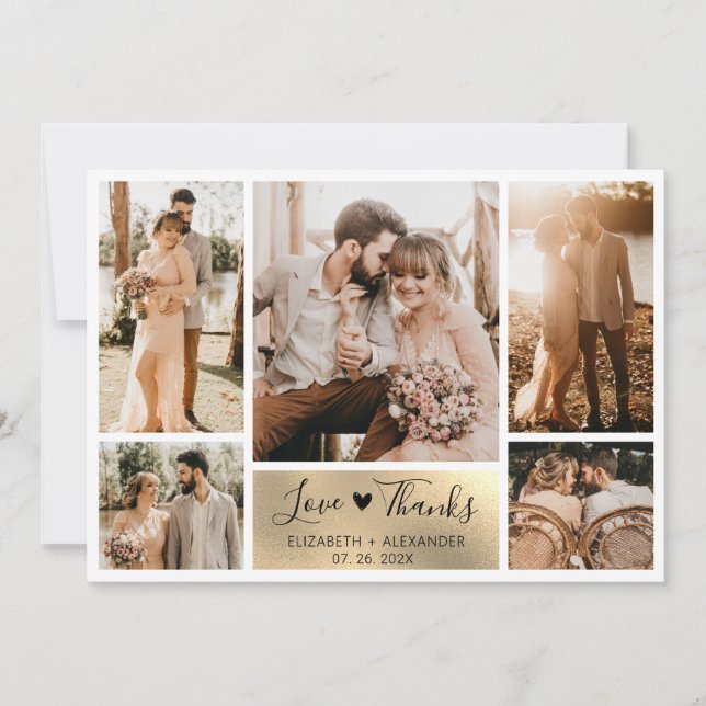 Elegant Gold Heart Photo Collage Wedding  Thank You Card (Front)