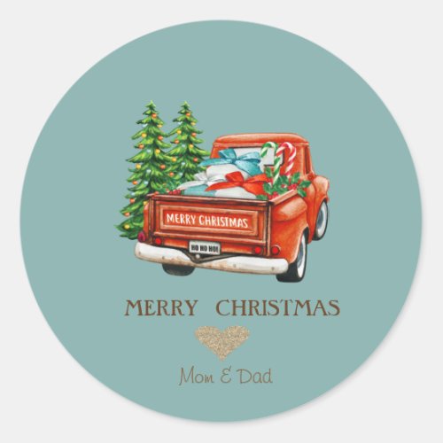 Elegant Gold Heart Red Truck Pine Tree Christmas Classic Round Sticker