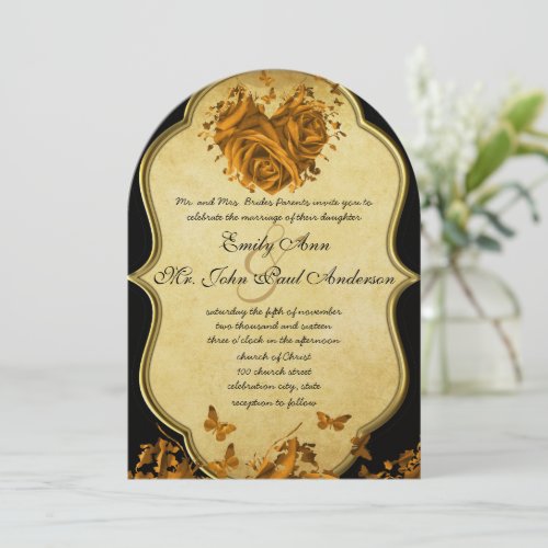 Gold Heart Roses &amp; Butterflies Wedding Invitation