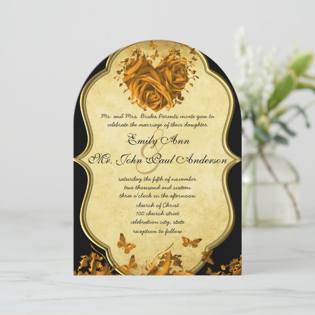 Elegant Gold Heart Roses & Butterflies Wedding Invitation (Standing Front)