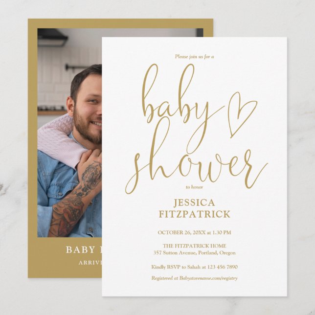 Elegant Gold Heart Script Photo Baby Shower Invitation (Front/Back)