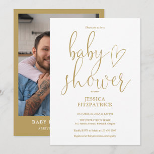 Elegant Gold Heart Script Photo Baby Shower Invitation