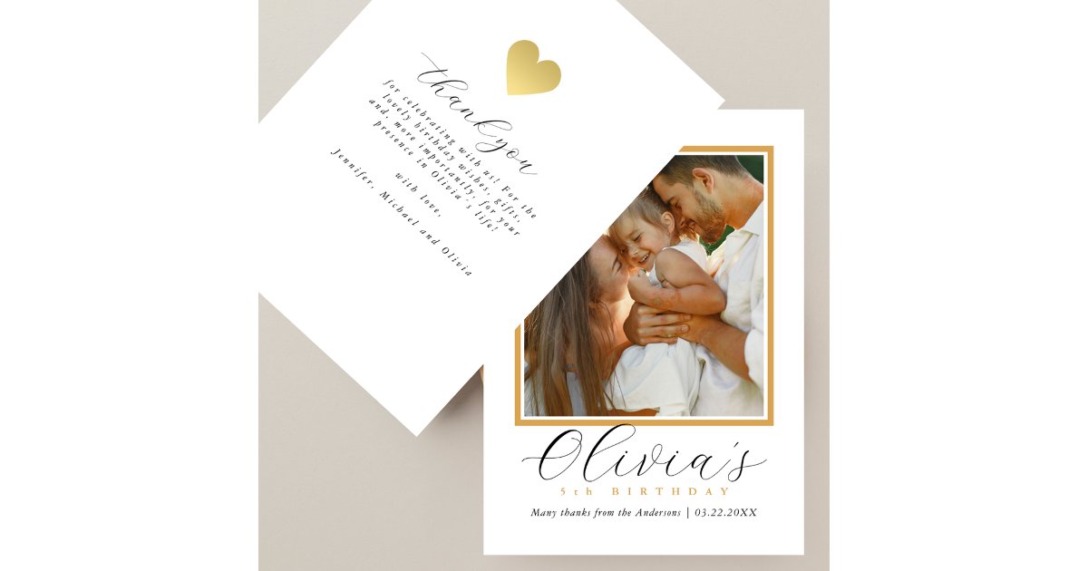 Elegant Gold Heart Script Photo Birthday Thank You Card | Zazzle