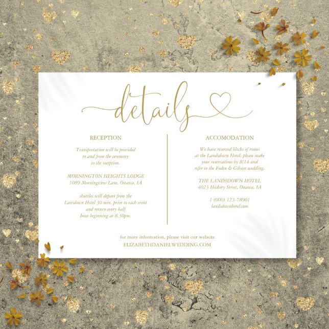 Elegant Gold Heart Script Wedding Details Card (Elegant Gold Heart Script Wedding Details Card)