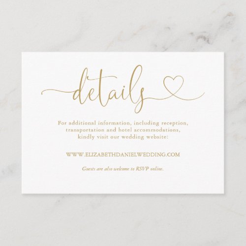 Elegant Gold Heart Script Wedding Details Enclosure Card