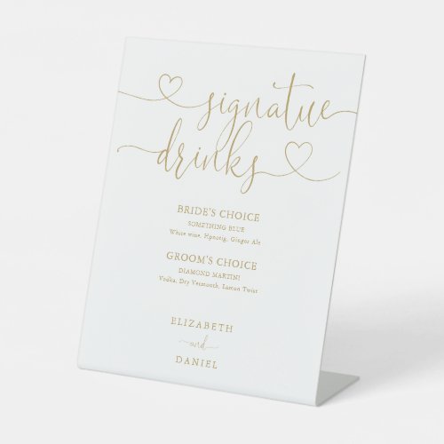 Elegant Gold Heart Script Wedding Signature Drinks Pedestal Sign