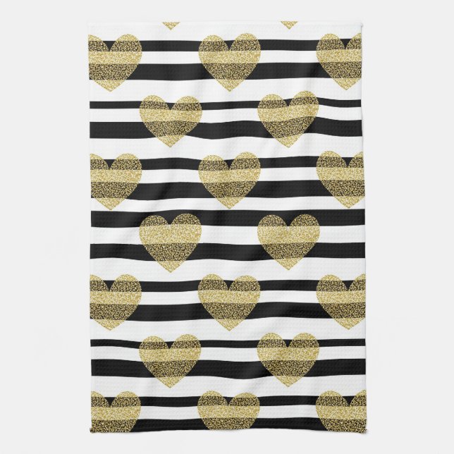 Elegant Gold Heart Wedding Stripe Pattern Kitchen Towel (Vertical)