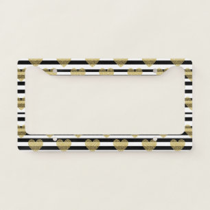 Elegant Gold Heart Wedding Stripe Pattern License Plate Frame