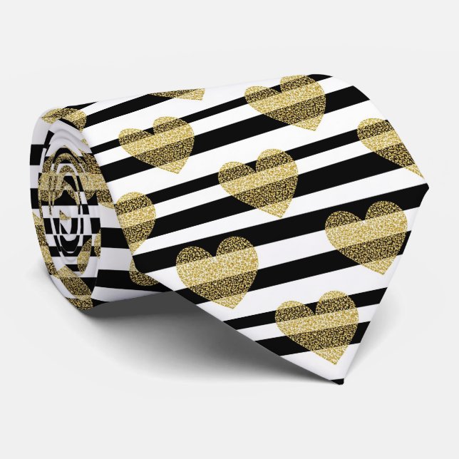 Elegant Gold Heart Wedding Stripe Pattern Neck Tie (Rolled)