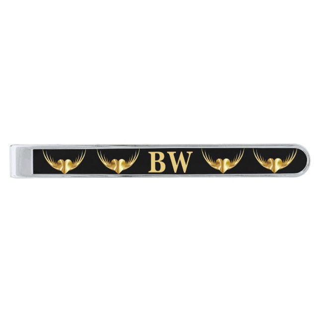  Elegant Gold Heart & Wings Monogram Mens  Silver Finish Tie Bar (Front)