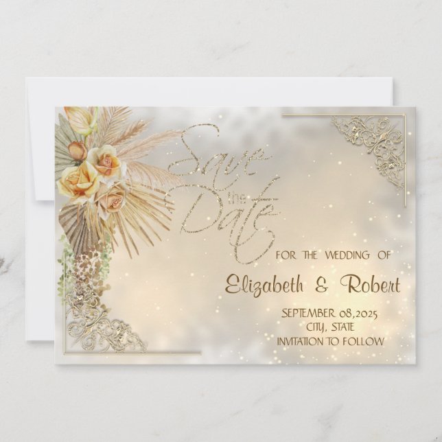 Elegant Gold Hearts Boho Flowers Save The Date (Front)