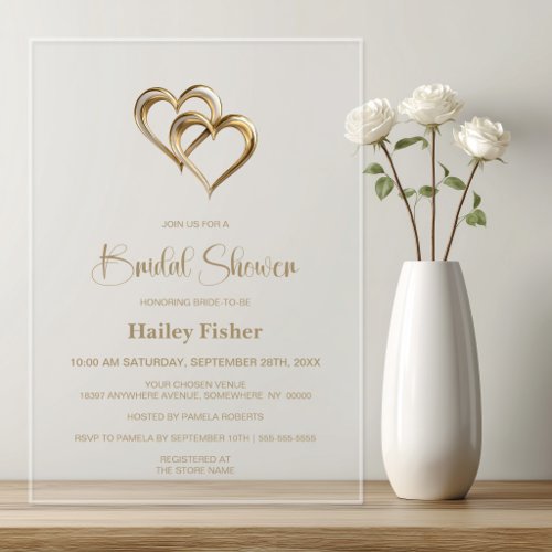 Elegant Gold Hearts Bridal Shower Acrylic Invitations
