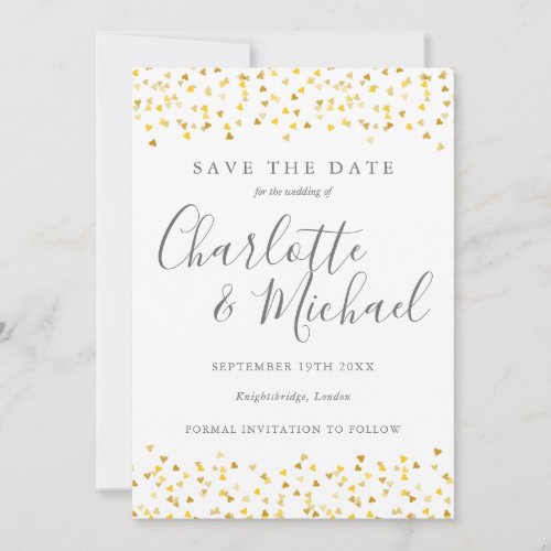 Elegant Gold Hearts Confetti Signature Script Save The Date