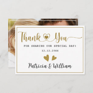 Elegant Gold Hearts Couple Photo Wedding Thank You Card