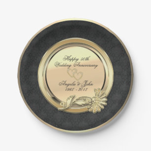 Elegant Gold Hearts Damask 50th Wedding Anniversar Paper Plates