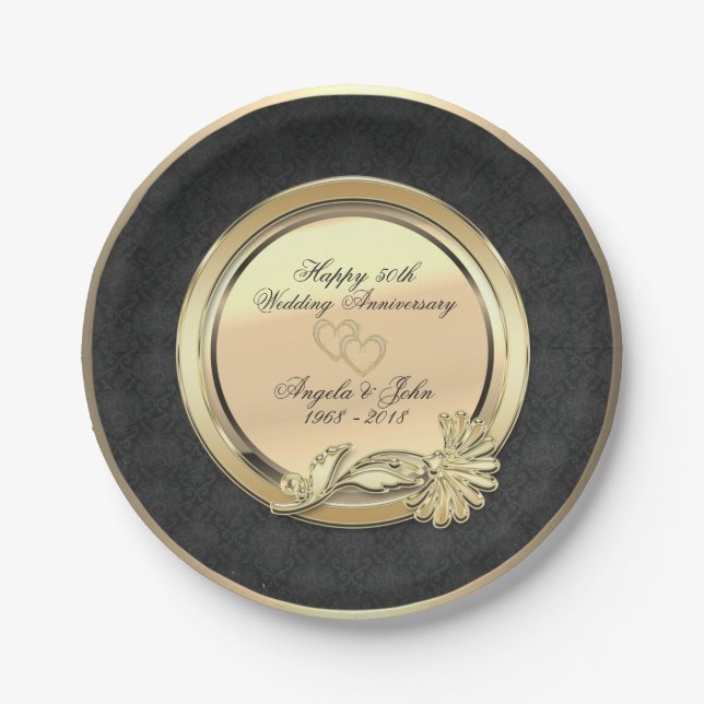 Elegant Gold Hearts Damask 50th Wedding Anniversar Paper Plates (Front)