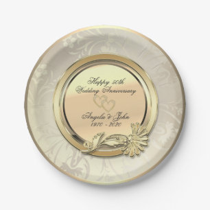Elegant Gold Hearts Floral 50th Wedding Anniversar Paper Plates