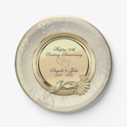 Elegant Gold Hearts Floral 50th Wedding Anniversar Paper Plates