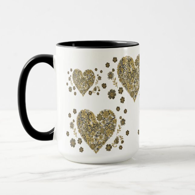 Elegant Gold Hearts & Floral Mug – Romantic Gift (Left)