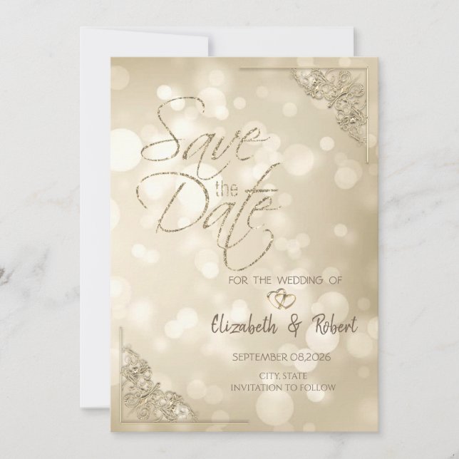 Elegant Gold Hearts Frame Bokeh Save The Date (Front)