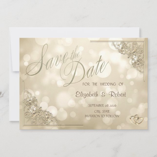 Elegant Gold Hearts Frame Bokeh Save The Date (Front)