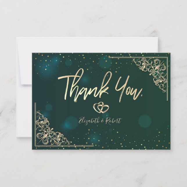 Elegant Gold Hearts Frame Green Thank You Card (Front)