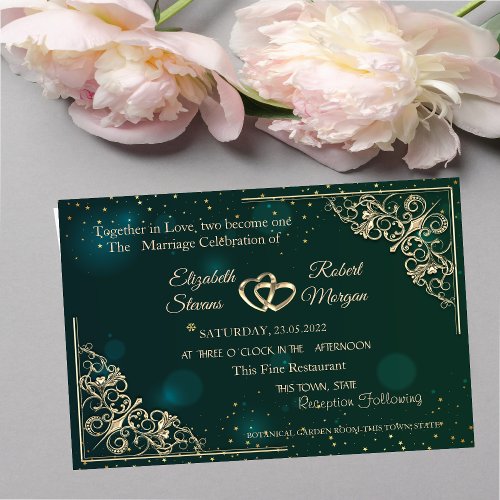 Elegant Gold Hearts Frame Green Wedding  Invitation