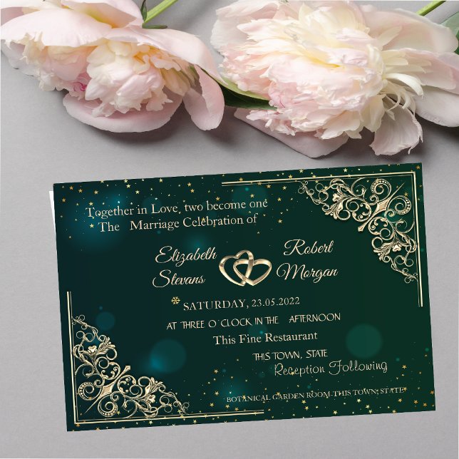 Elegant Gold Hearts Frame Green Wedding  Invitation (Creator Uploaded)