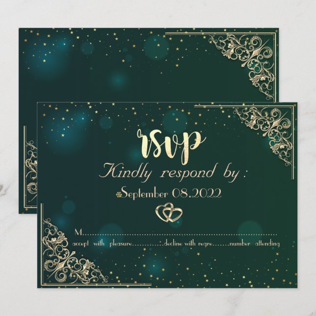 Elegant Gold Hearts Frame Green Wedding  RSVP  Invitation (Front/Back)