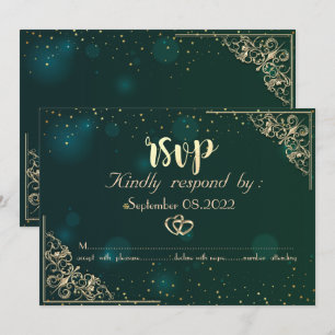 Elegant Gold Hearts Frame Green Wedding  RSVP  Invitation