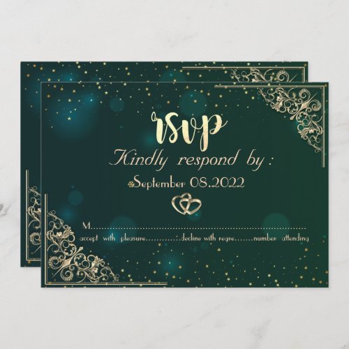Elegant Gold Hearts Frame Green Wedding  RSVP  Invitation