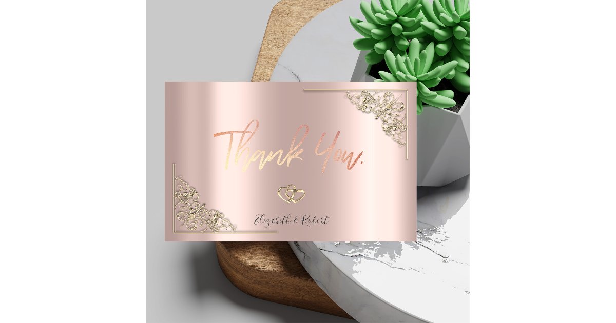 Elegant Gold Hearts Frame Rose Gold Thank You Card | Zazzle