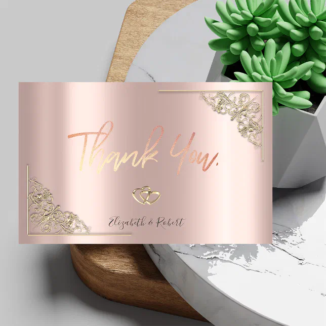 Elegant Gold Hearts Frame Rose Gold Thank You Card | Zazzle
