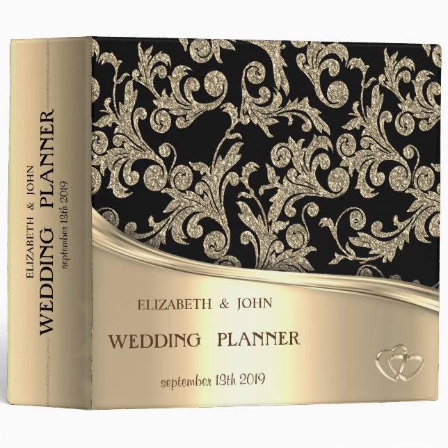 Elegant Gold Hearts, Gold Glitter Swirls 3 Ring Binder (Front/Spine)