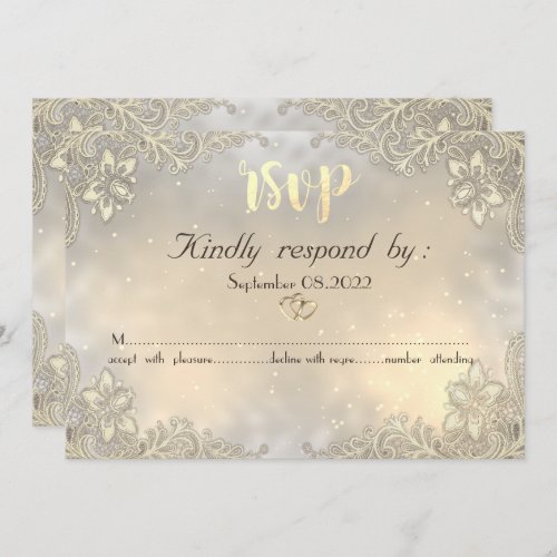 Elegant Gold Hearts Lace Wedding  RSVP  Invitation