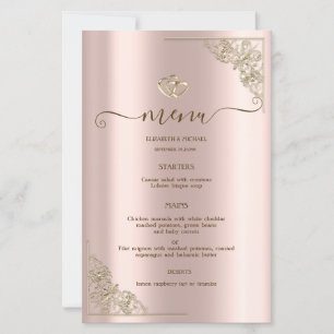 Elegant Gold Hearts Rose Gold Wedding Menu Card
