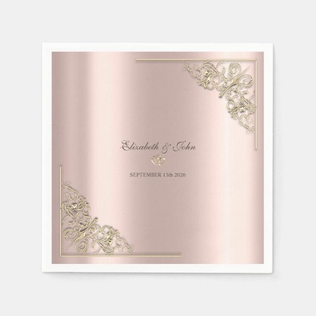 Elegant Gold Hearts Rose Gold Wedding  Napkins (Front)