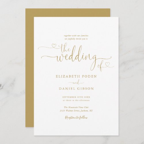 Elegant Gold Hearts Script Calligraphy Wedding Invitation - This elegant wedding invitation can be personalized with your celebration details set in chic gold typography. Designed by Thisisnotme©