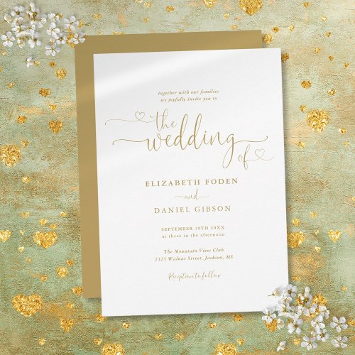 Elegant Gold Hearts Script Calligraphy Wedding Invitation