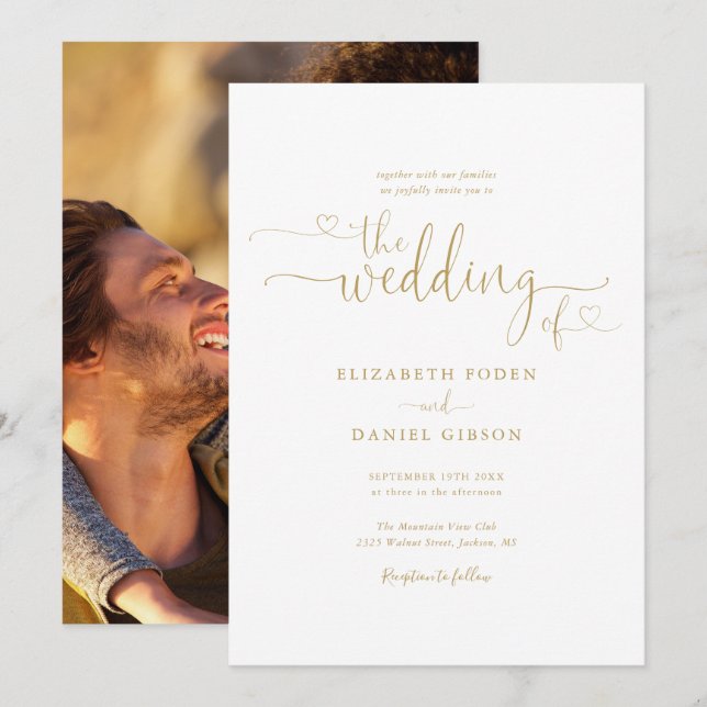 Elegant Gold Hearts Script Photo Wedding Invitation (Front/Back)