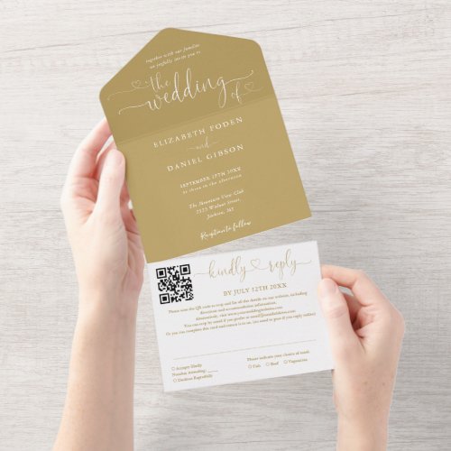 Elegant Gold Hearts Script QR Code Wedding All In One Invitation