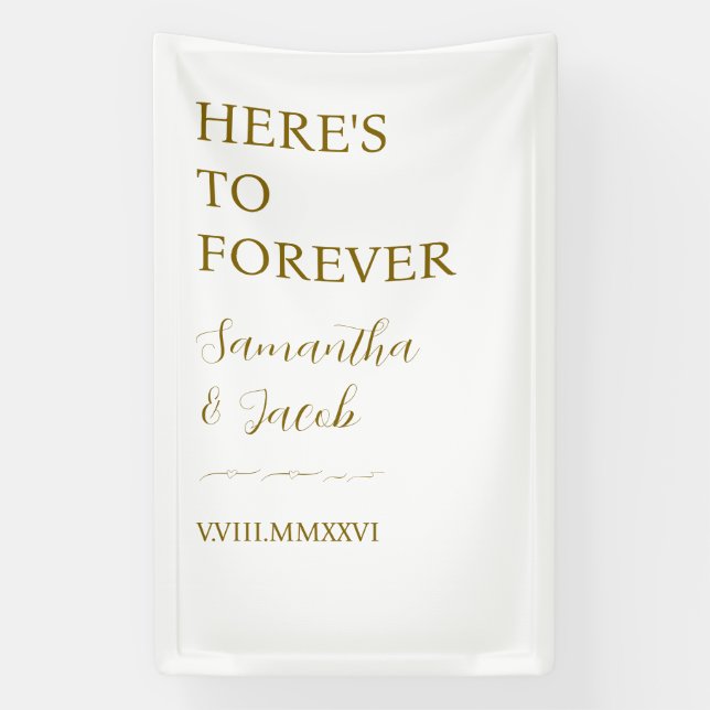 Elegant Gold “Here’s to Forever” Wedding Welcome Banner (Vertical)