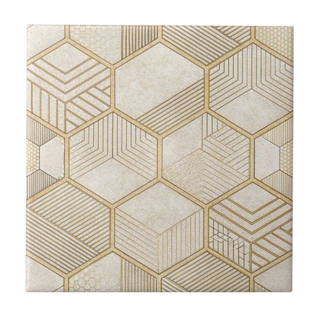 Elegant Gold Hexagon Geometric Pattern - Marble 3 Ceramic Tile (Front)
