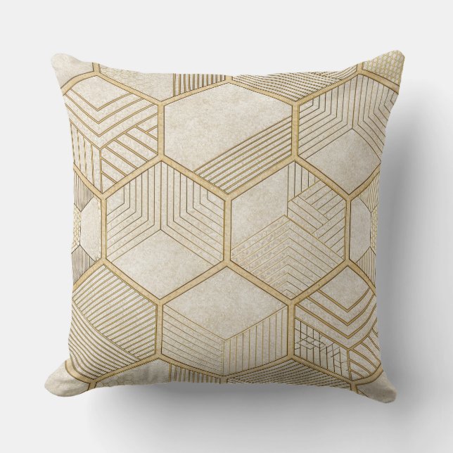 Elegant Gold Hexagon Geometric Pattern - Marble 3 Throw Pillow (Front)