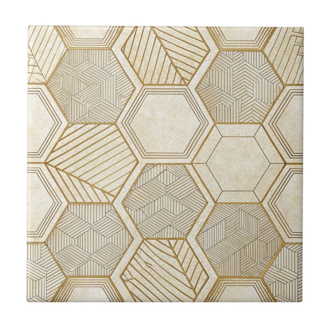 Elegant Gold Hexagon Geometric Pattern - Marble Ceramic Tile (Front)