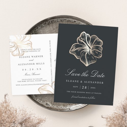 Elegant Gold Hibiscus Flower Wedding Save the Date Announcement Postcard