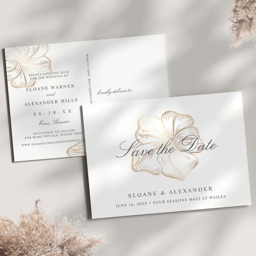 Elegant Gold Hibiscus Flower Wedding Save the Date Announcement Postcard