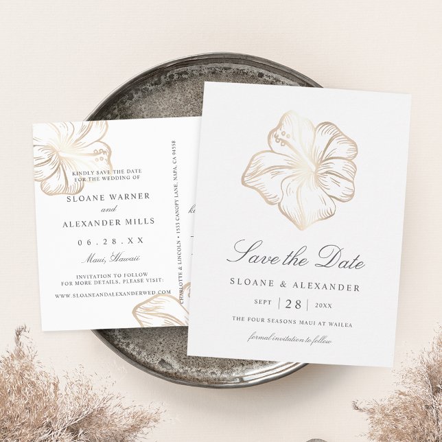 Elegant Gold Hibiscus Flower Wedding Save the Date Announcement Postcard (Creator Uploaded)