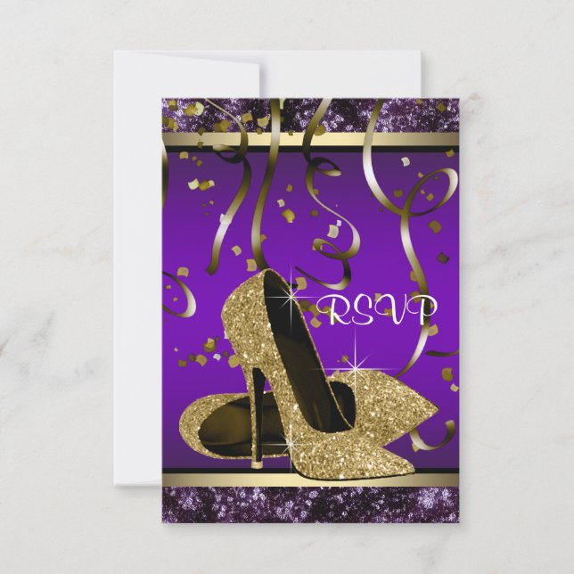 Elegant Gold High Heel Purple and Gold RSVP Card (Front)