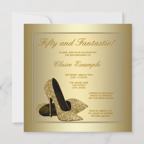 Elegant Gold High Heels Womans Gold 50th Birthday Invitations